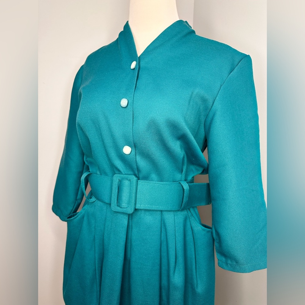 Vintage Teal Belted Midi Dress - Picture 4 of 12